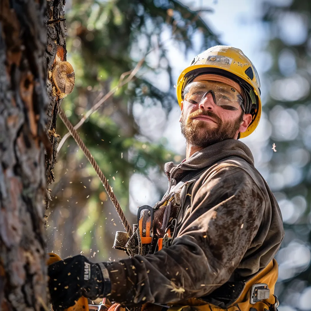 Climber in a yellow helmet with a chainsaw clipped to his harness