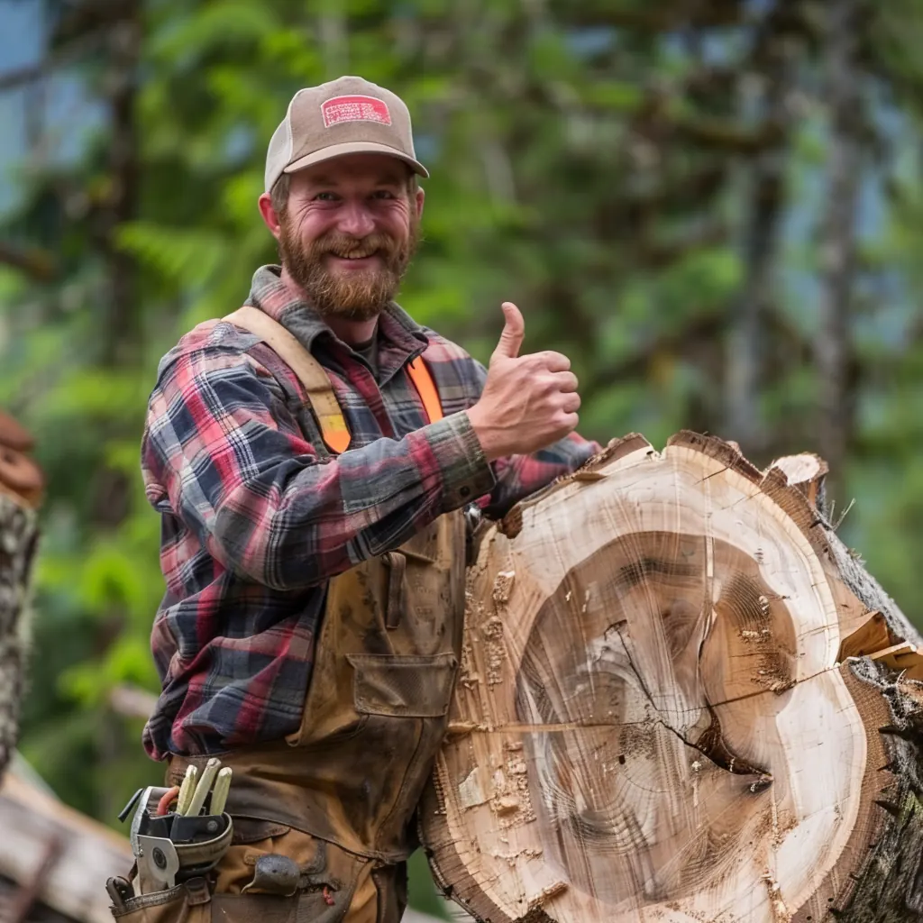 Worker in a plaid shirt with a thumbs-up beside a large cut log round