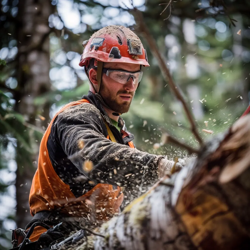 Arborist in a red helmet cutting through a log, sawdust flying