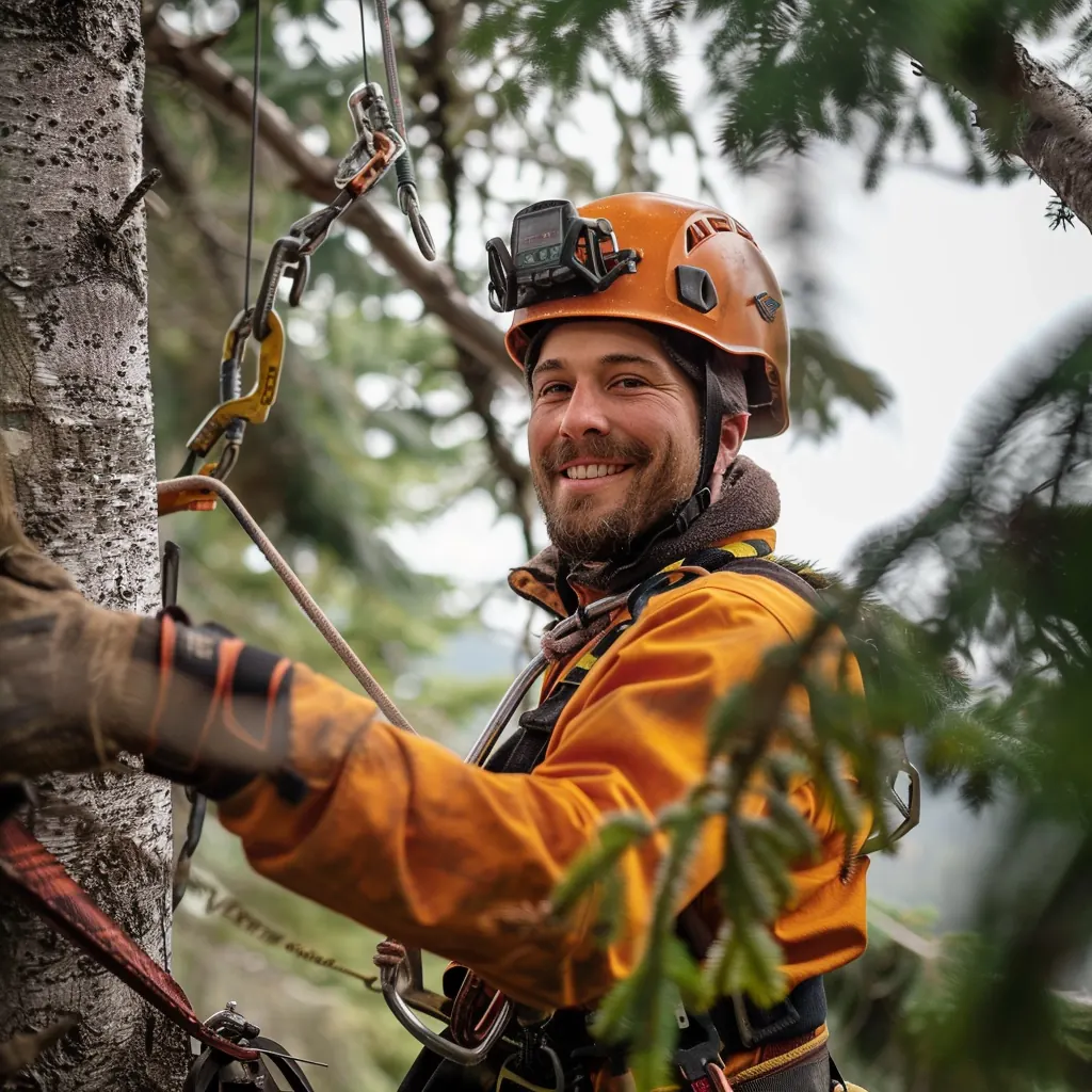 Climber in an orange helmet roped into a tree, smiling